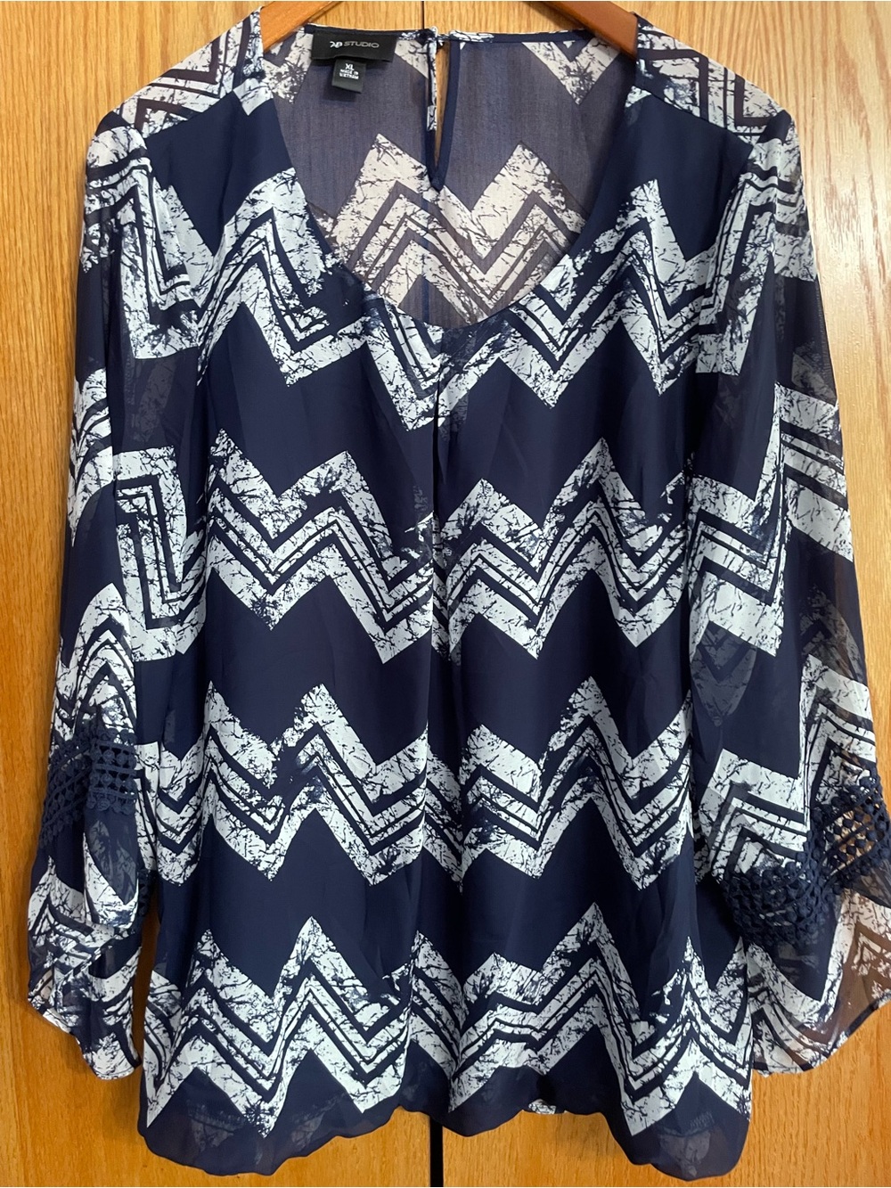 AB Studio Navy and White Chevron Print Blouse